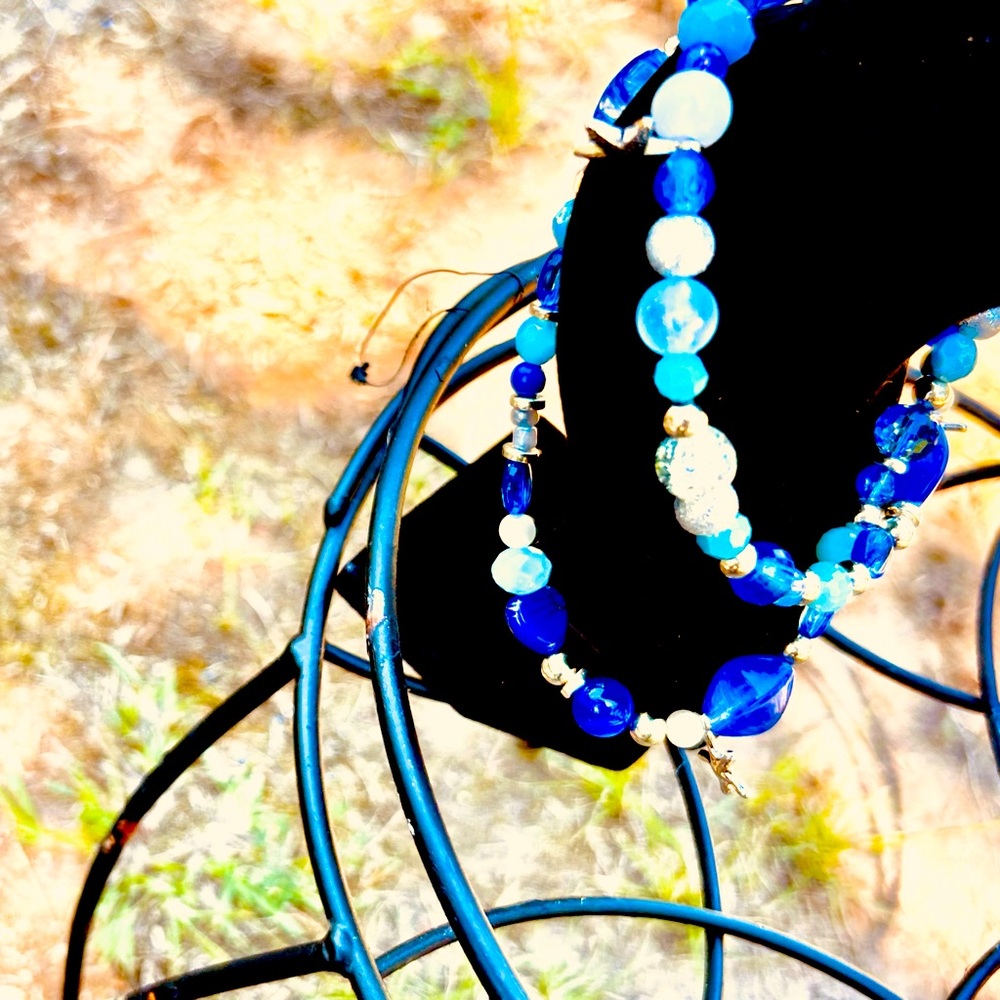 Handmade luxury beaded necklace w cobalt blue pendant